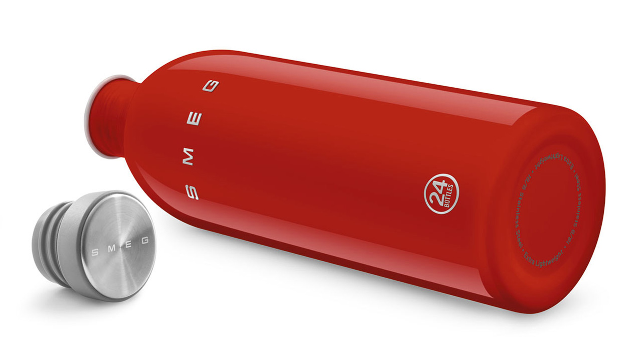 The Smeg x 24Bottles water bottles come in bright colors inspired by Smeg's 1950's aesthetics.