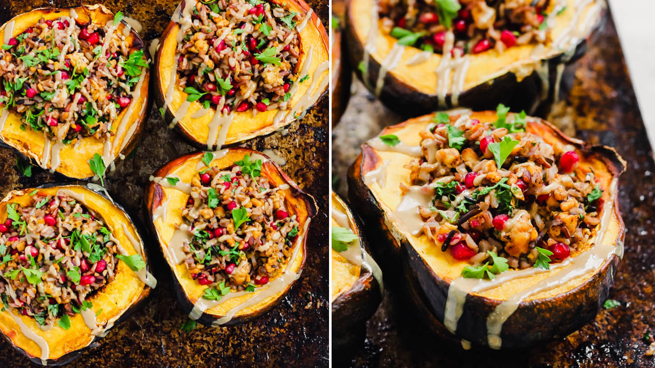The vegan stuffed acorn squash looks vibrant and appetizing