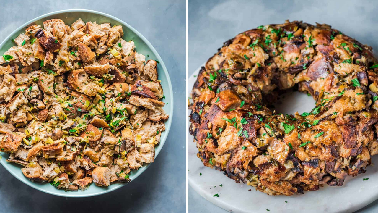 Vegan wild mushroom stuffing is shaped like a wreath