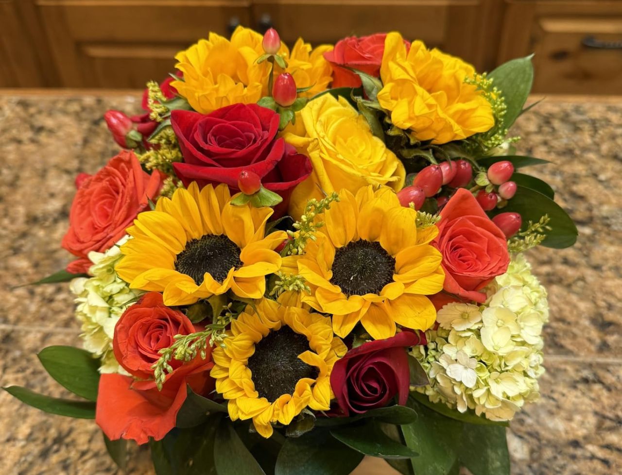 Yellow, Orange and Red Fresh Flower Foam Arrangement
