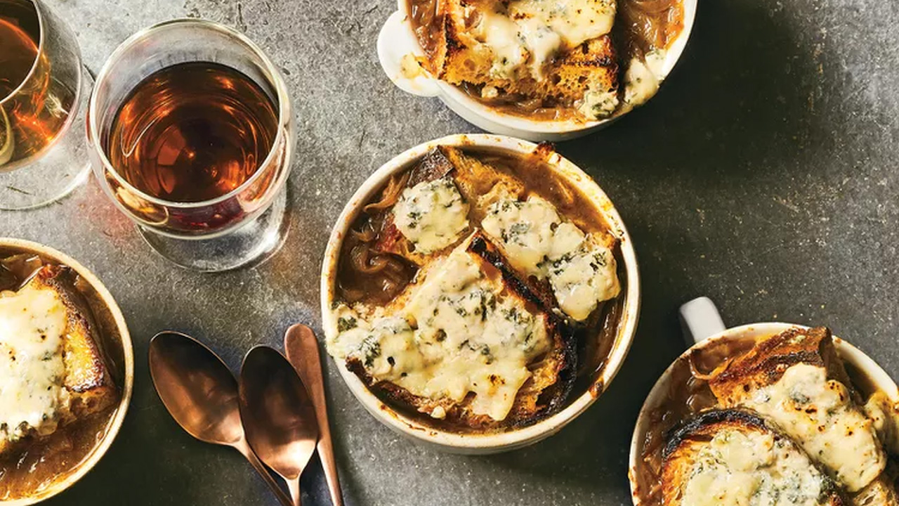 Caramelized Onion and Bread Soup with Brûléed Blue Cheese