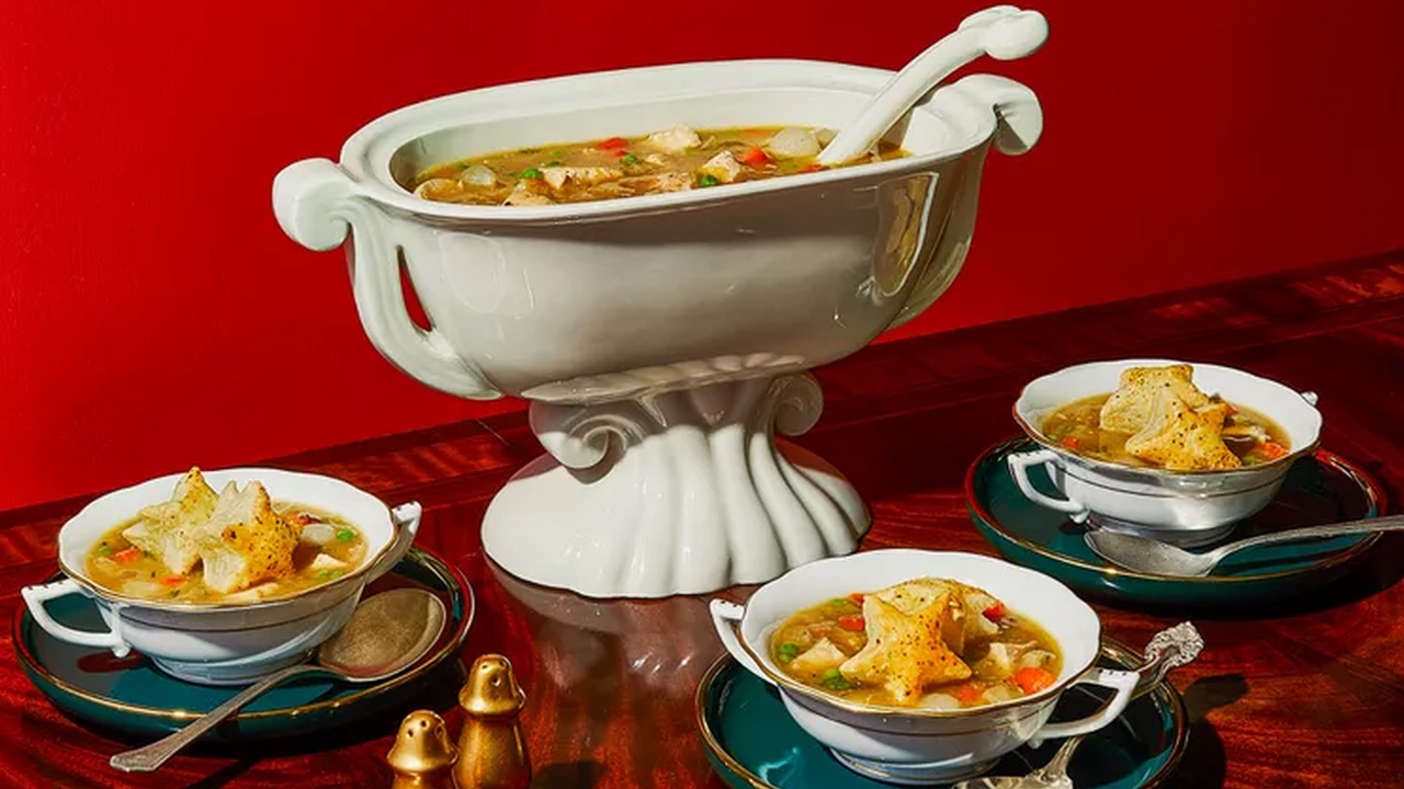 Chicken Pot Pie Soup with Puff Pastry Croutons