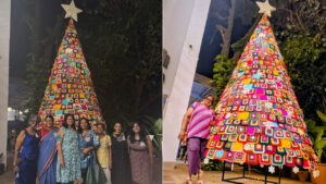 Indian Women Hand-Crochet Granny Squares on 18-Foot Christmas Tree Goan Ladies Make 18-Foot Hand-Crocheted Christmas Tree