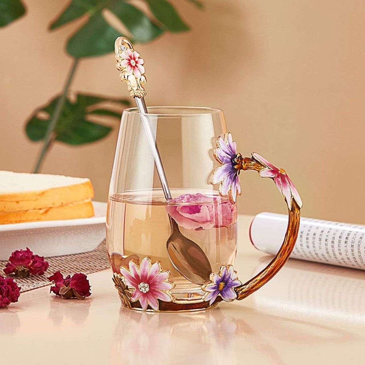 Luka Tech Enamel Flower Lead-Free Glass Coffee Mug