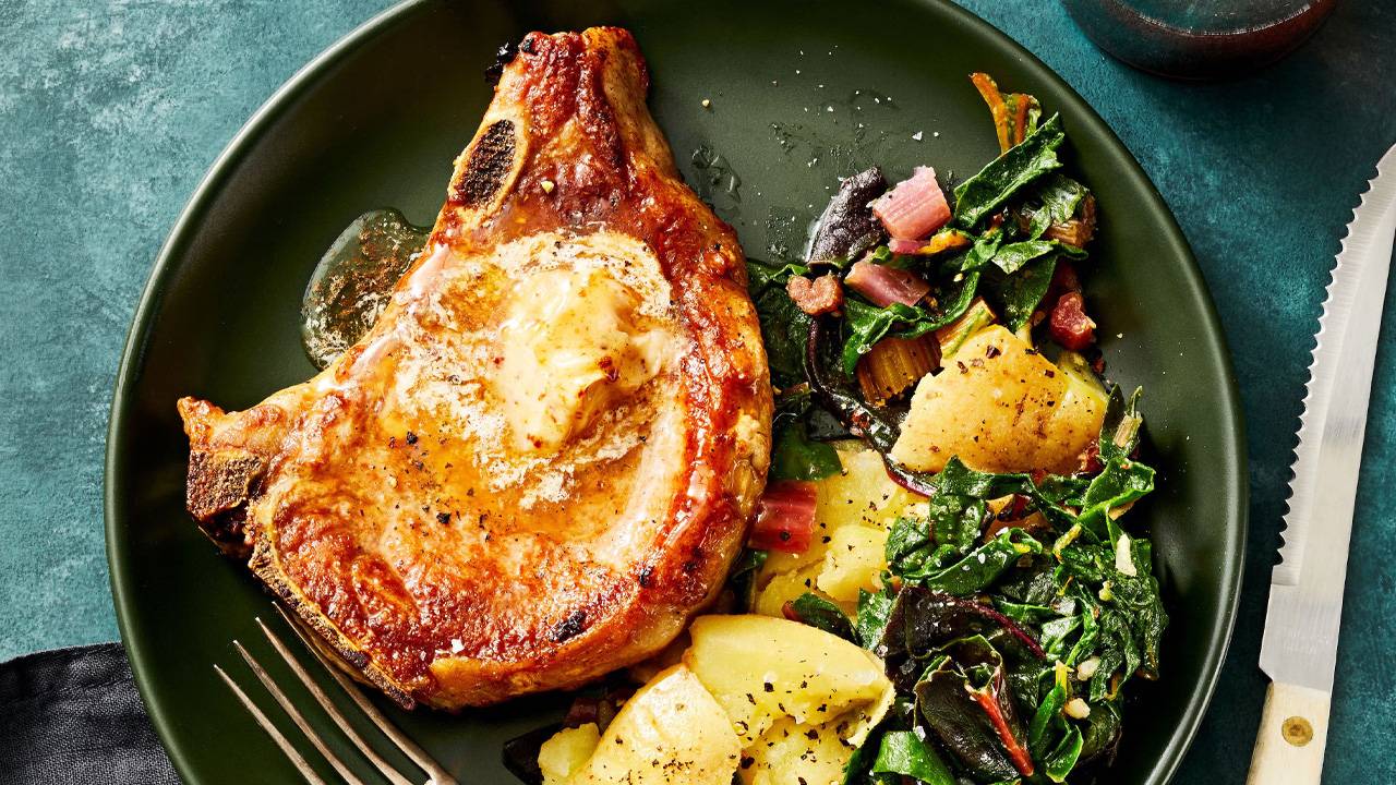 New Years Good Luck Food recipe ideas - Aleppo Pork Chops With Potatoes and Greens