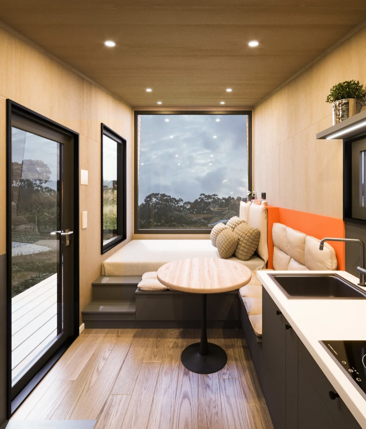 The Ambra tiny house has a warm interior