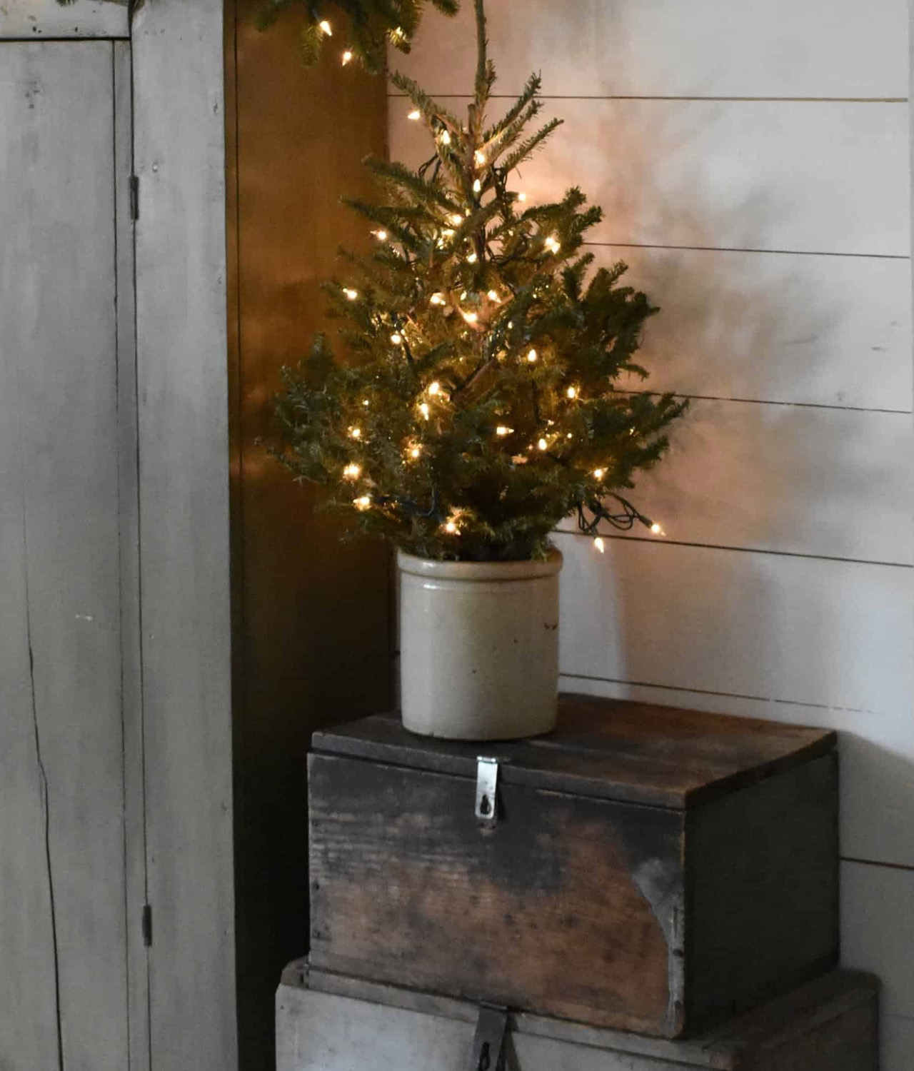 Using old Stoneware Crocks as Christmas Tree Base