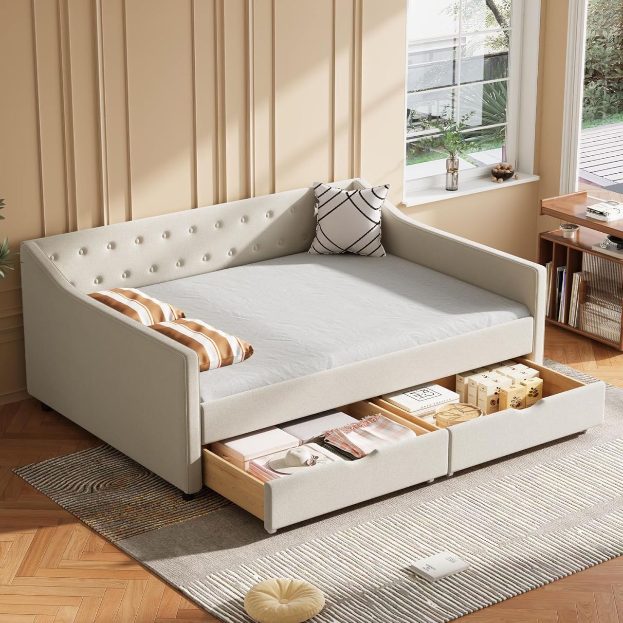 FAVSH Full Size Upholstered Daybed with Storage Drawers