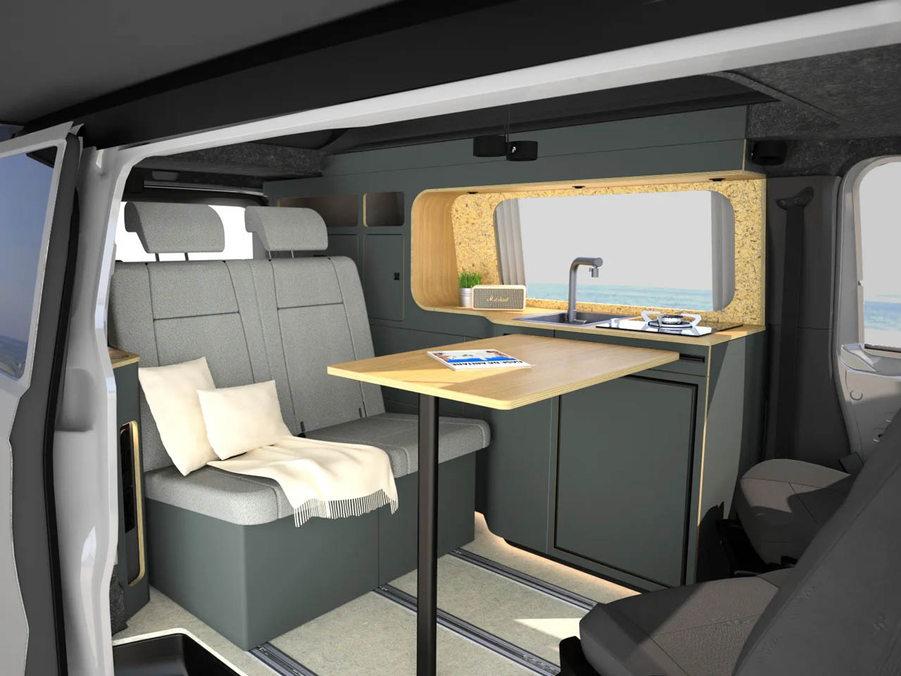 Freescape Camper Van With Side-Expanding Inflatable Pop-Up Roof Tent - kitchen table  