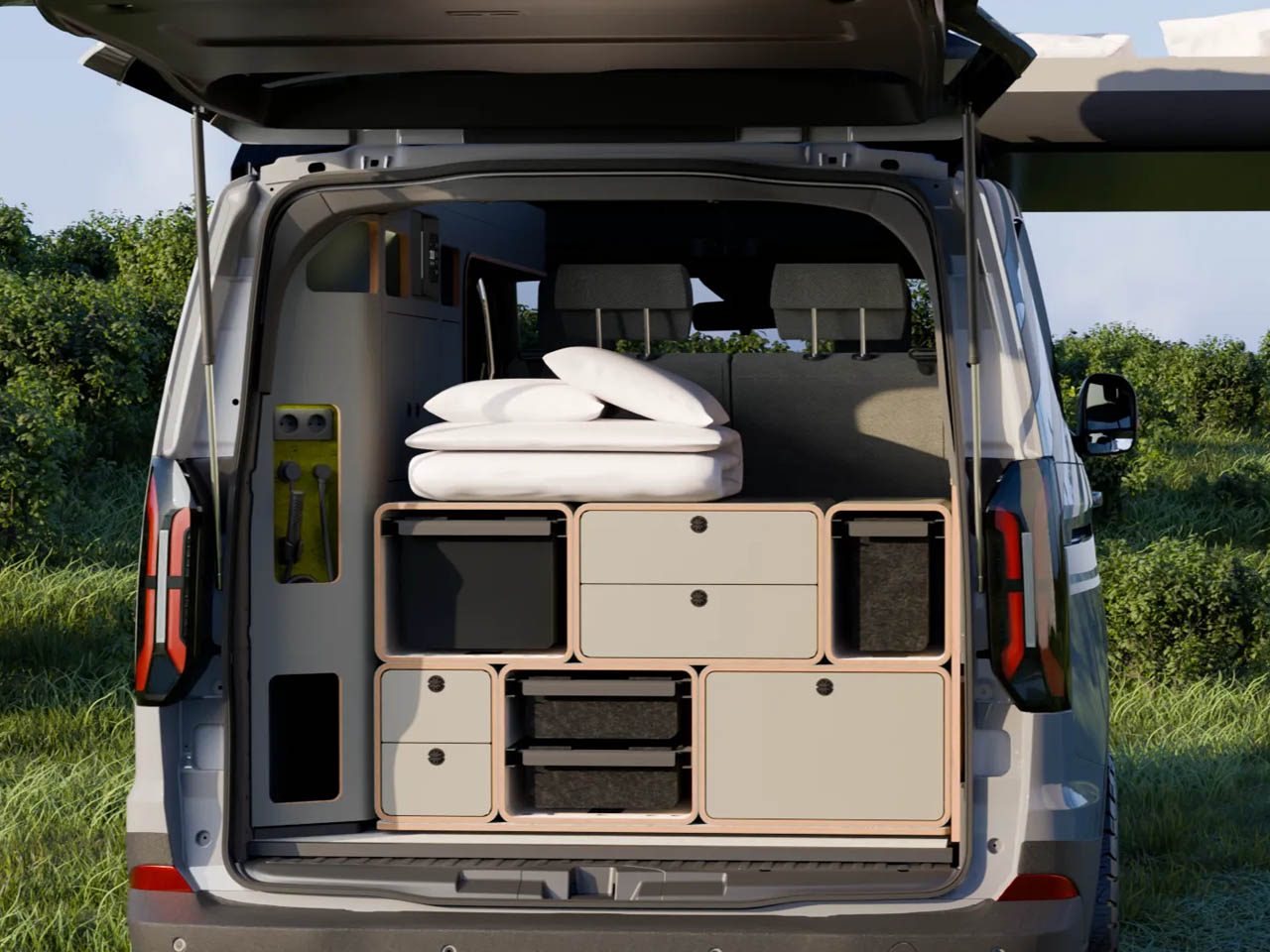 Freescape Camper Van With Side-Expanding Inflatable Pop-Up Roof Tent - storage in back 