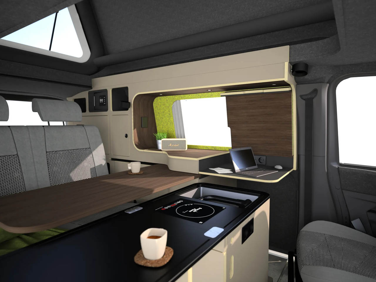 Freescape Camper Van With Side-Expanding Inflatable Pop-Up Roof Tent - kitchen 