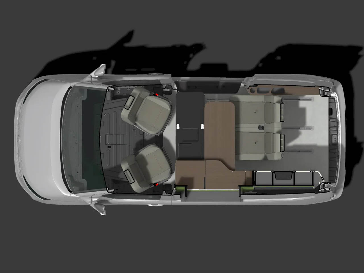 Freescape Camper Van With Side-Expanding Inflatable Pop-Up Roof Tent - four-passenger floor plan 