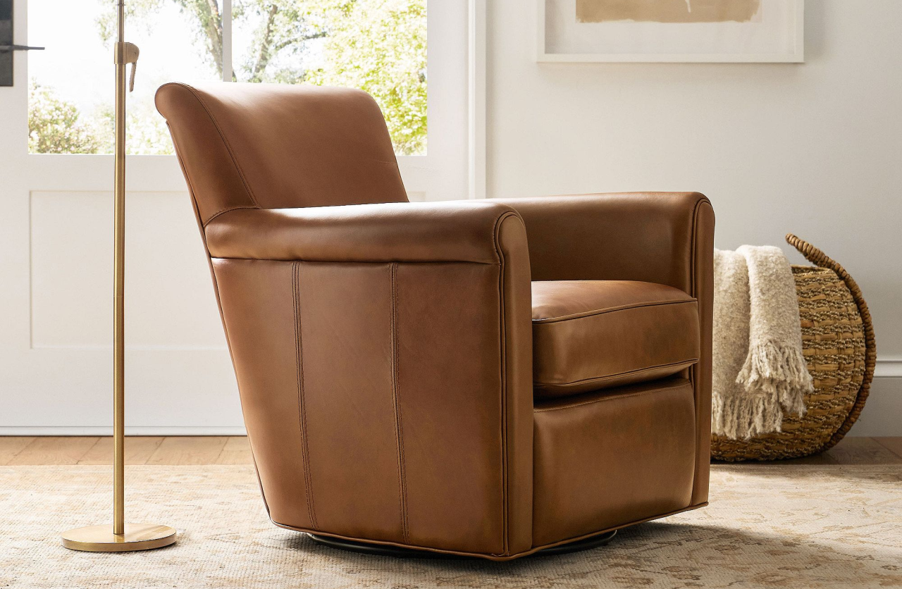 Irving Roll Arm Leather Swivel Chair