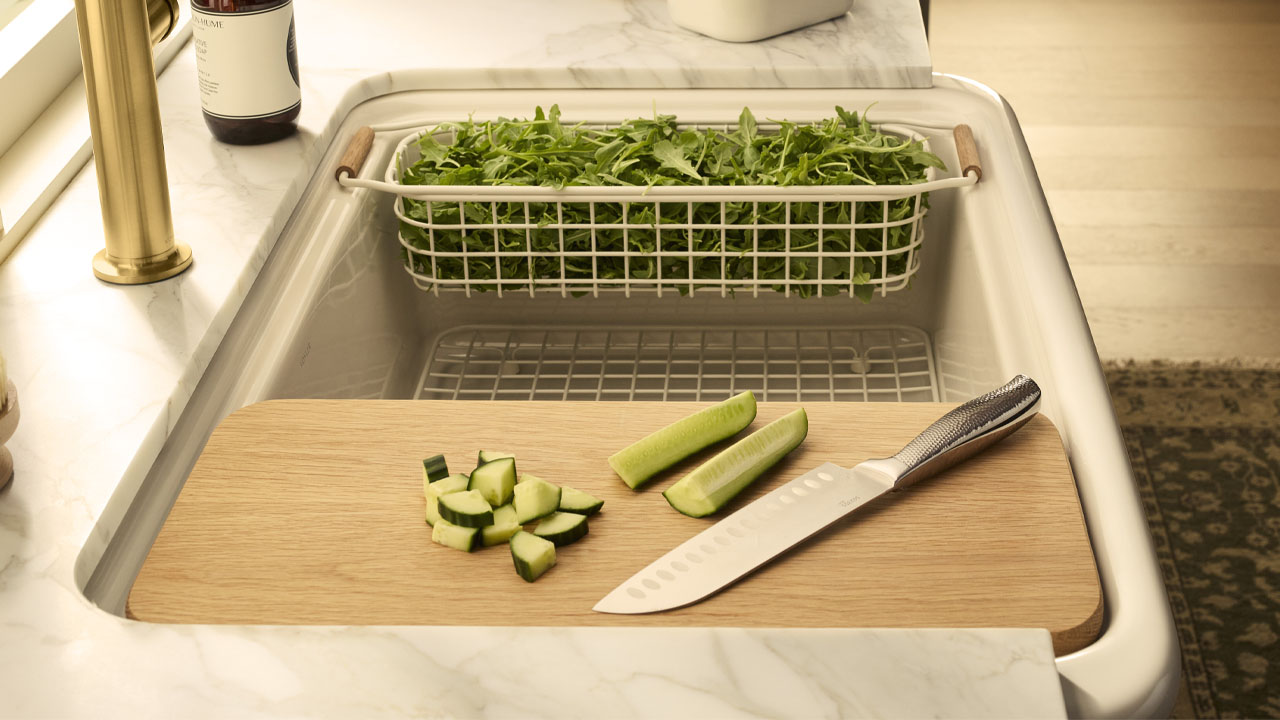 Kohler Audrine Kitchen Sink with cutting board and colander