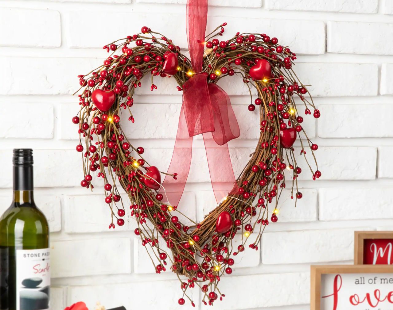 Lighted Valentine's Berry Heart Wreath