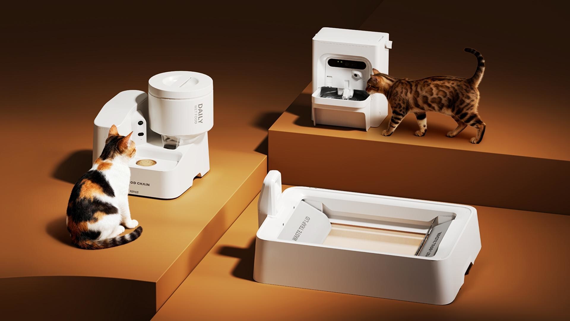 Petkit robotic pet care ecosystem with litter box, water fountain and robotic wet food feeder