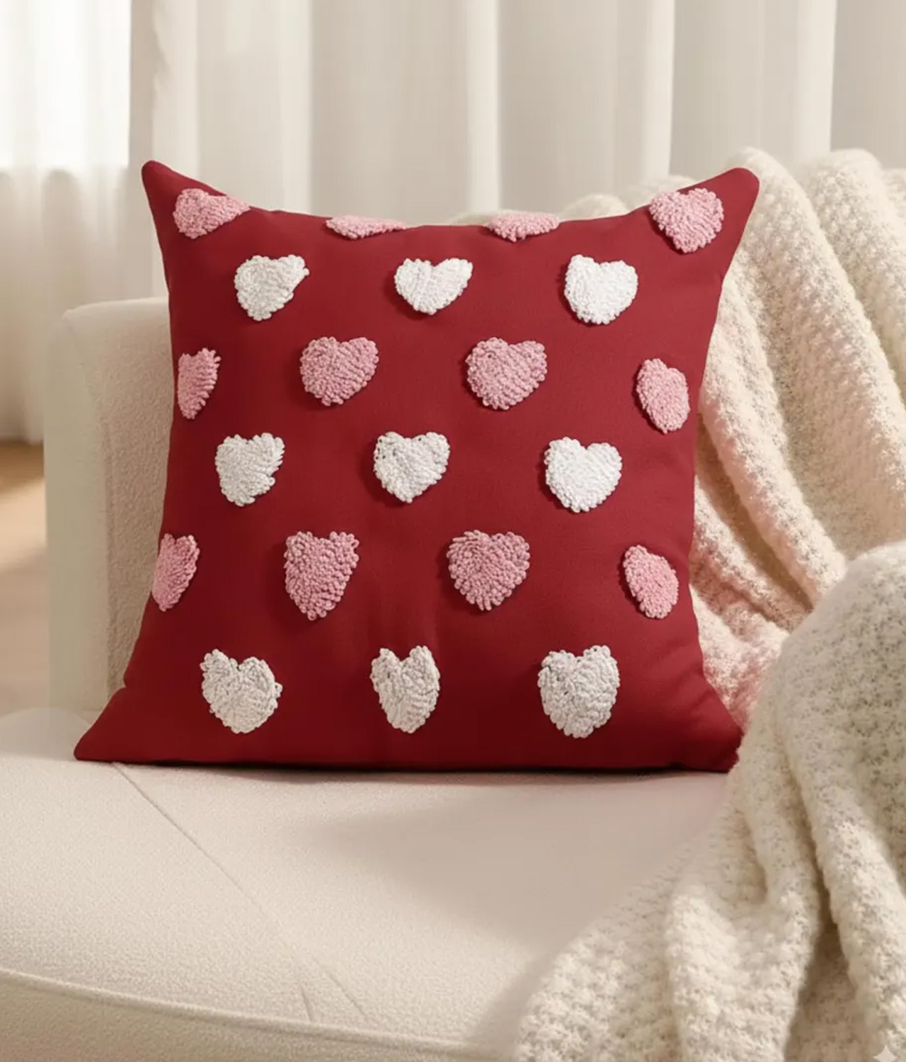 Red Pillow Cover With Fuzzy Hearts