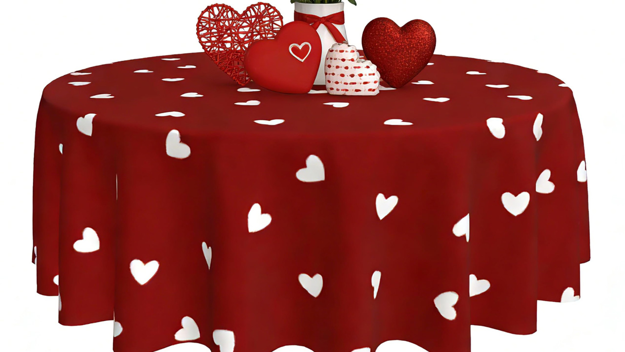 Rich Red Tablecloth With White Heart Motifs
