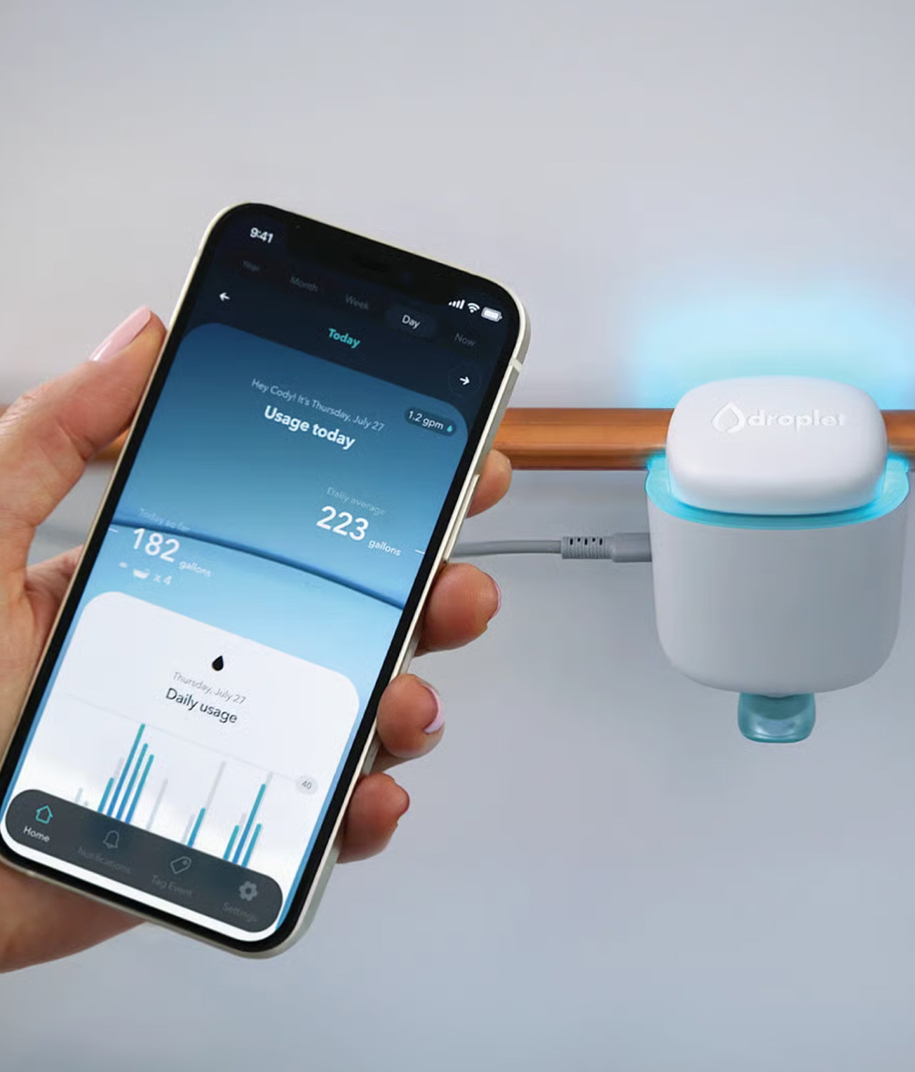 Hydrific Droplet pairs with mobile app to give you insights and alerts about leaks and water wastage