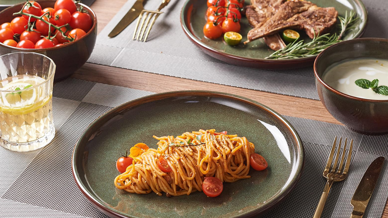 The stoneware set boosts aesthetics of dining space