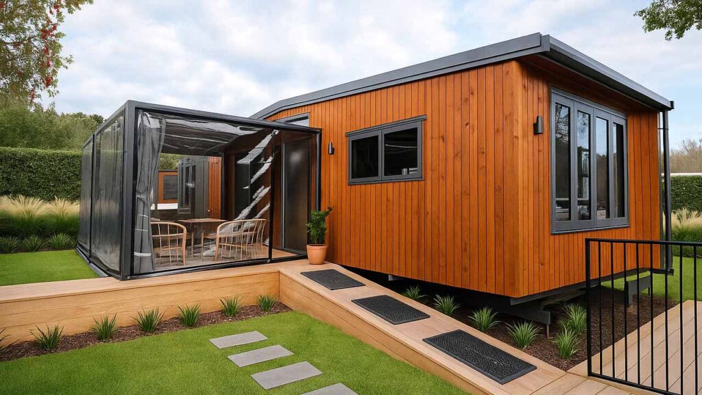 Bespoke Base Tiny House Features Deck With Wraparound Walkway and Integrated Louvre System the-bespoke-base
