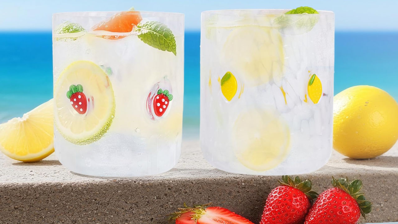 Anthropologie Glass Cups With Fruit Motifs