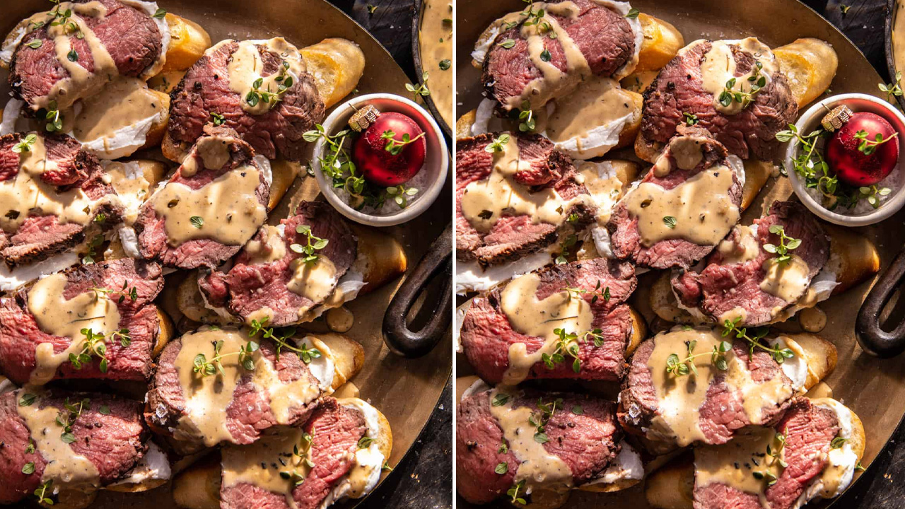 Beef Tenderloin Crostini with Parmesan Wine Cream Sauce
