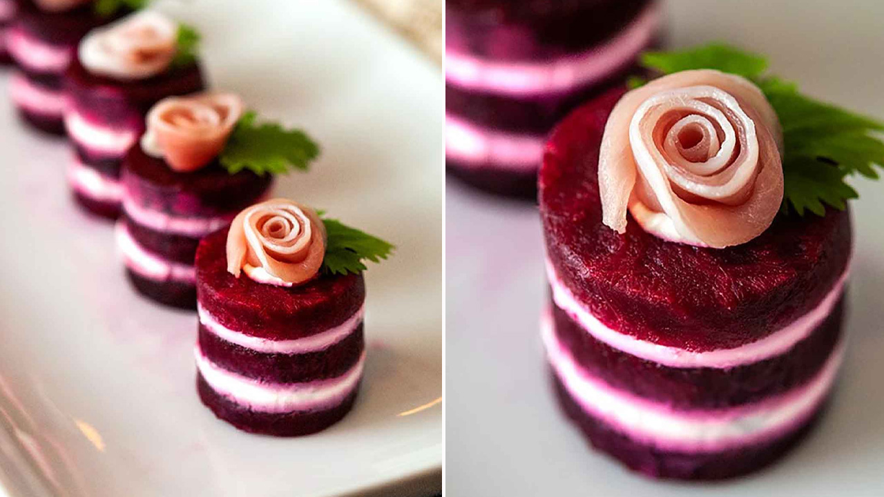 Beet Napoleons with Prosciutto Roses