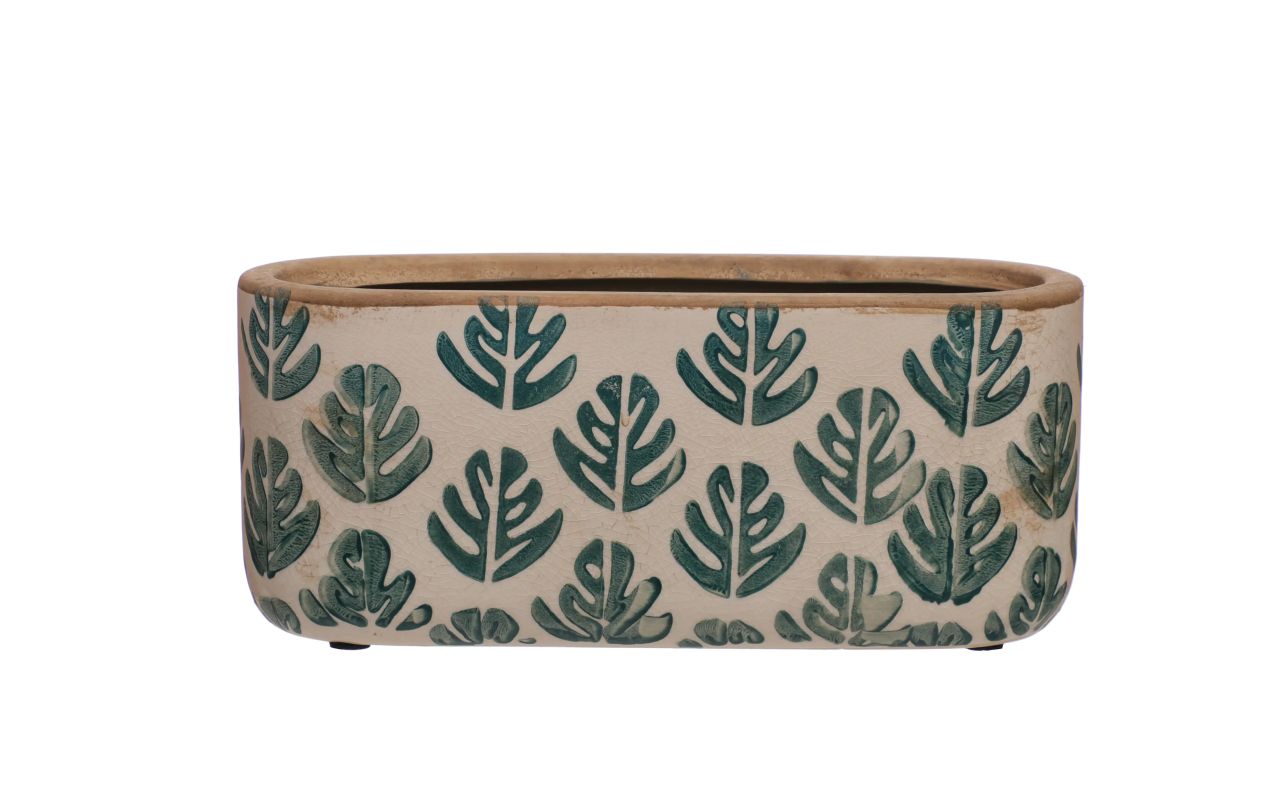 Blue & Cream Palm Leaf Oval Ceramic Planter