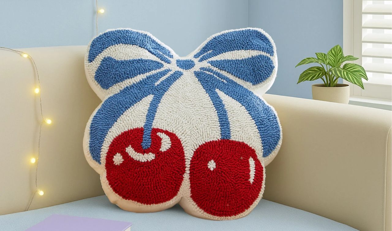 Blue and Red Cherry Bow Figural Tufted Decorative Pillow