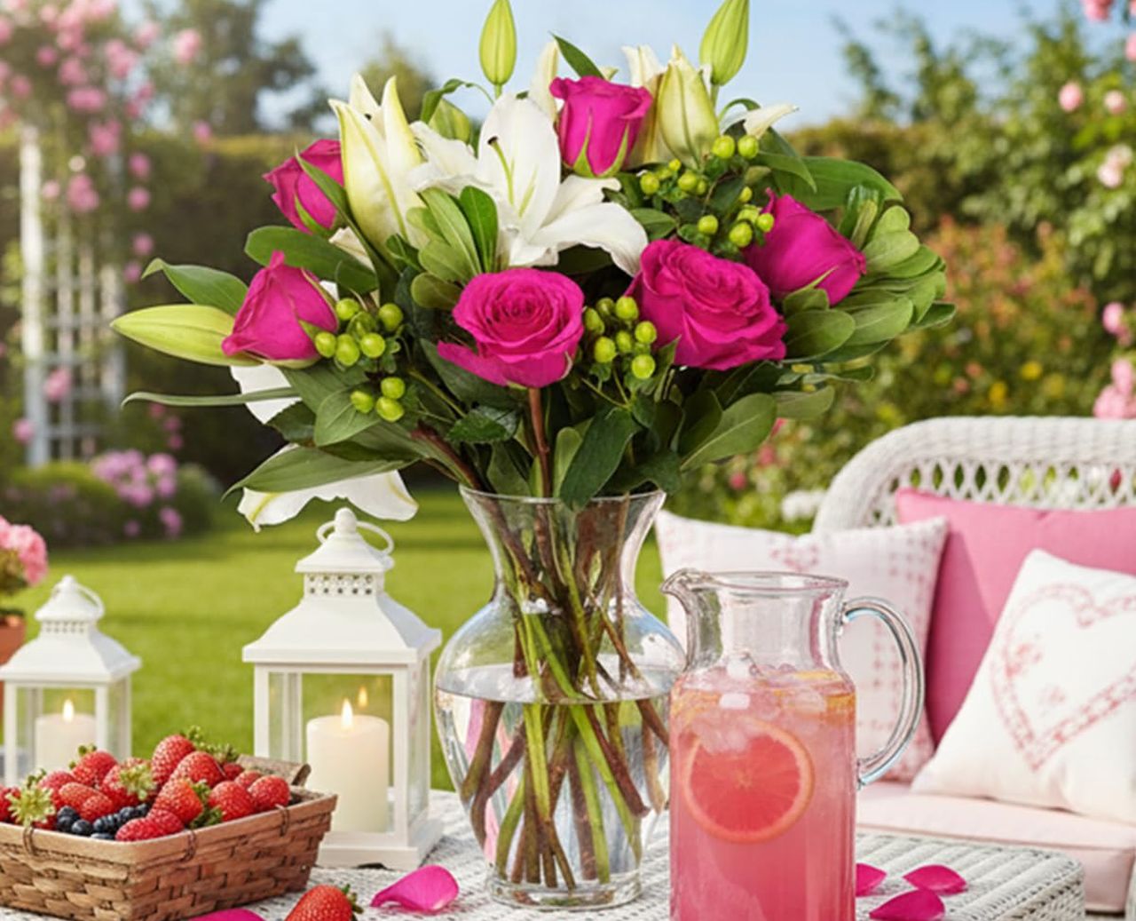 Elegant Pink Roses and Lily Flower Bouquet