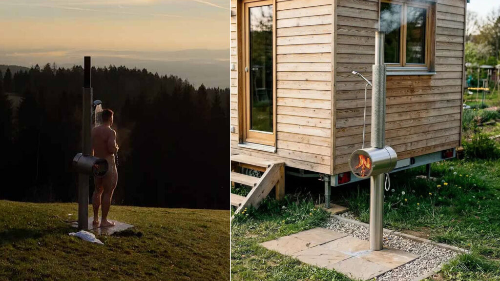 Feuerwasser Fire Shower With Built-in Wood Stove Heats Up Water in Just 3 Minutes