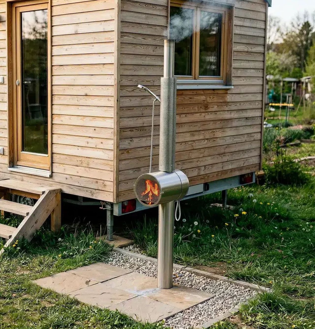 Feuerwasser Fire Shower With Built-in Wood Stove Heats Up Water in Just 3 Minutes