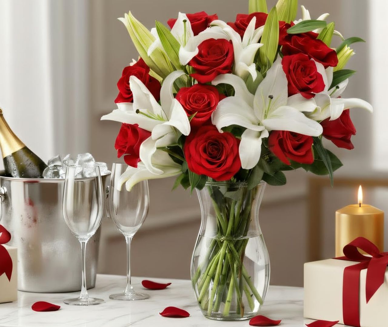 Oriental Lily Flower & Red Roses Bouquet