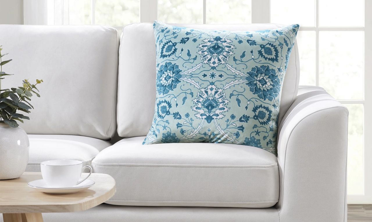 Persian Teal Floral Printed Velvet Decorative Pillow