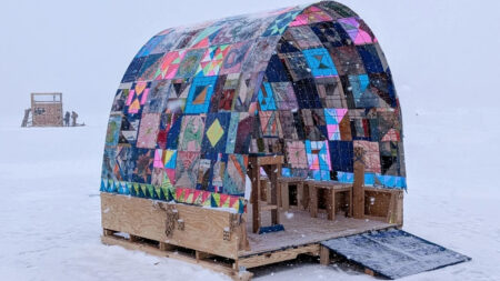 Quilt-Covered Hoop House Looks Like Gorgeous Textile Sculpture Displayed on Frozen Harriet Lake