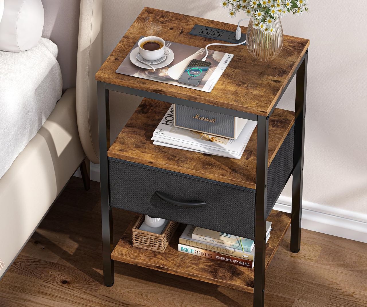 SUPERJARE Nightstand with Charging Station