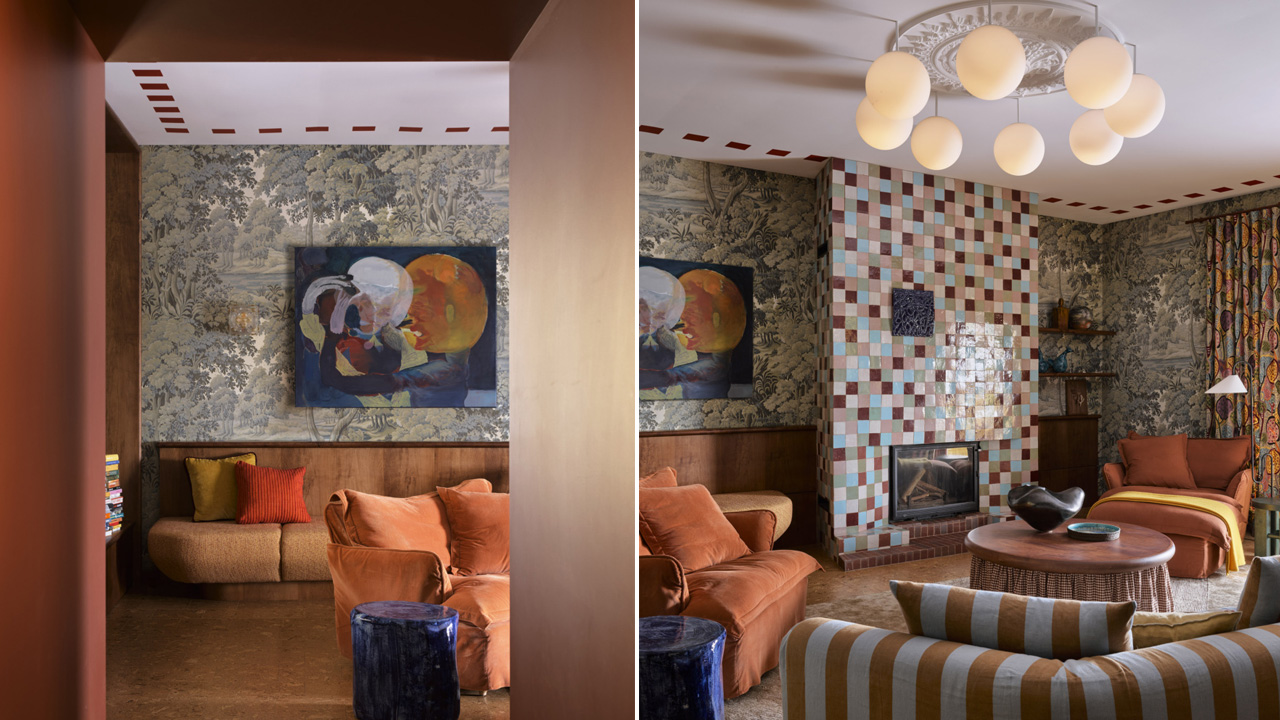 the spacious room includes sculptural furniture and tiled fireplace.