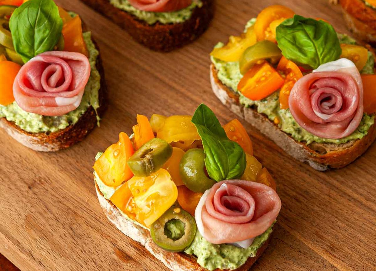 Tomato Crostini with Pesto and Ricotta