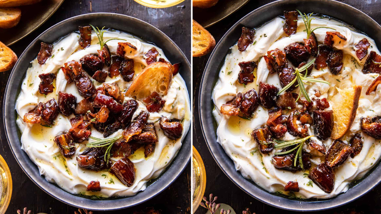 Whipped Goat Cheese with Warm Candied Bacon and Dates