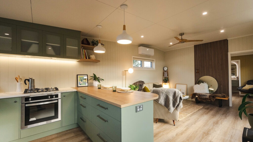 The English Garden Tiny Homes lounge and kitchen