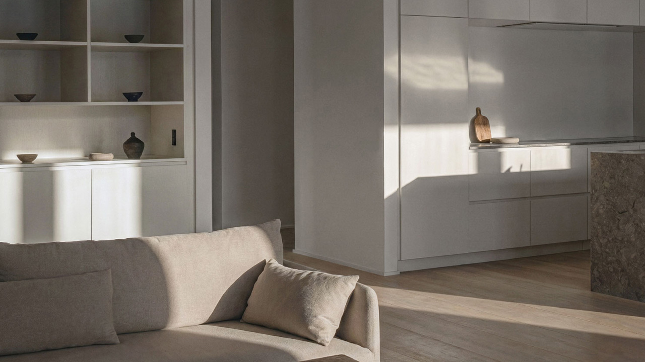 The integrated shelves and drawers into the wall expands floor space.