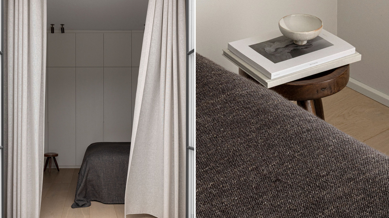 The spacious bedroom has warm wooden flooring and minimalist aesthetic appeal