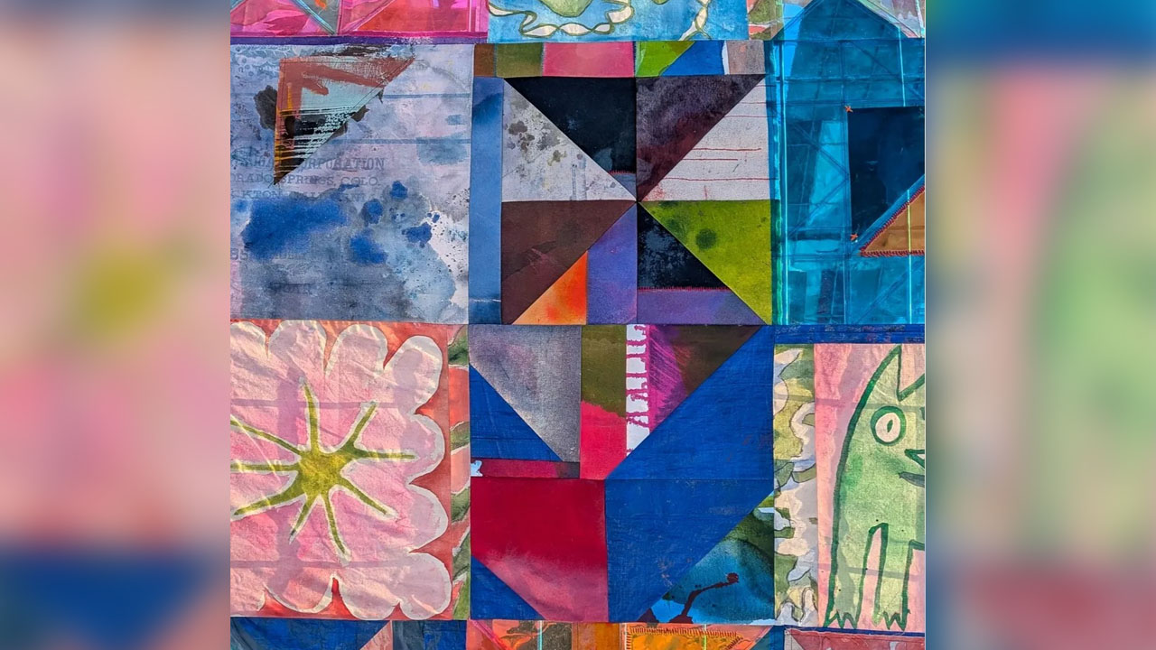 The colorful patchwork quilt feature whimsical artwork