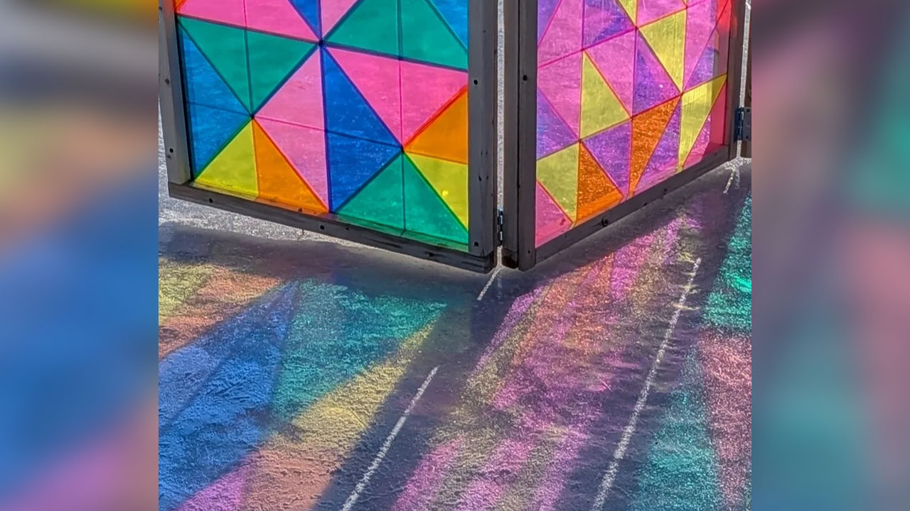 The colorful vinyl pieces reflect light beautifully