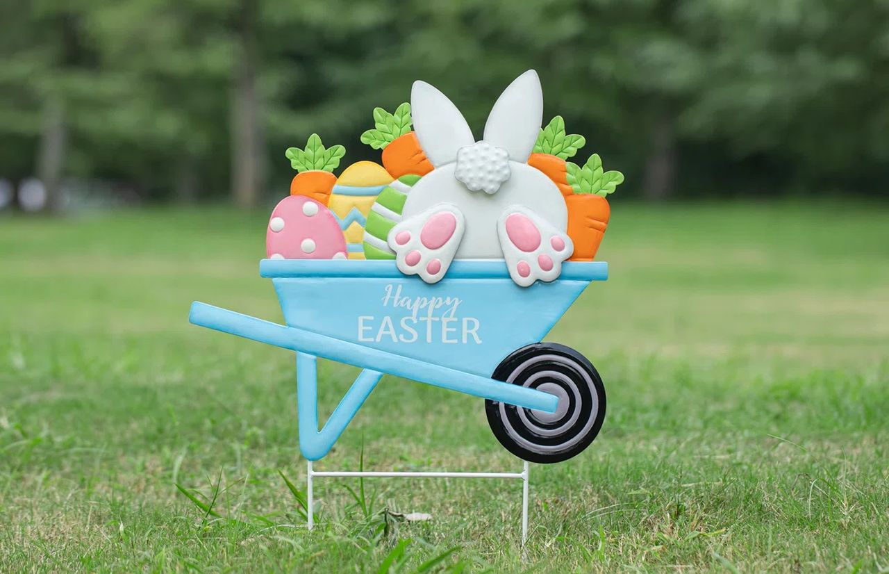 Easter Metal Wheel Barrow Yard Stake