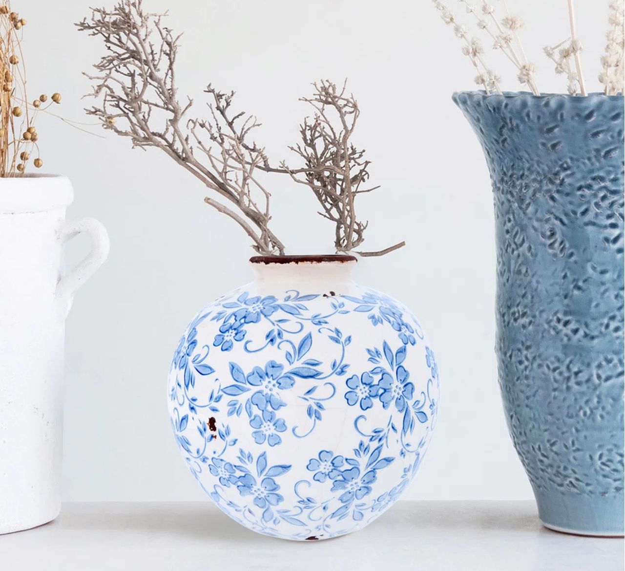 Terracotta Vase with Transferware Pattern