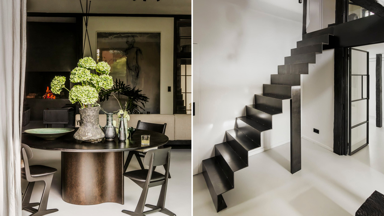 The glazed windows and doors flood interior with bright light while the stairs look like a designer object