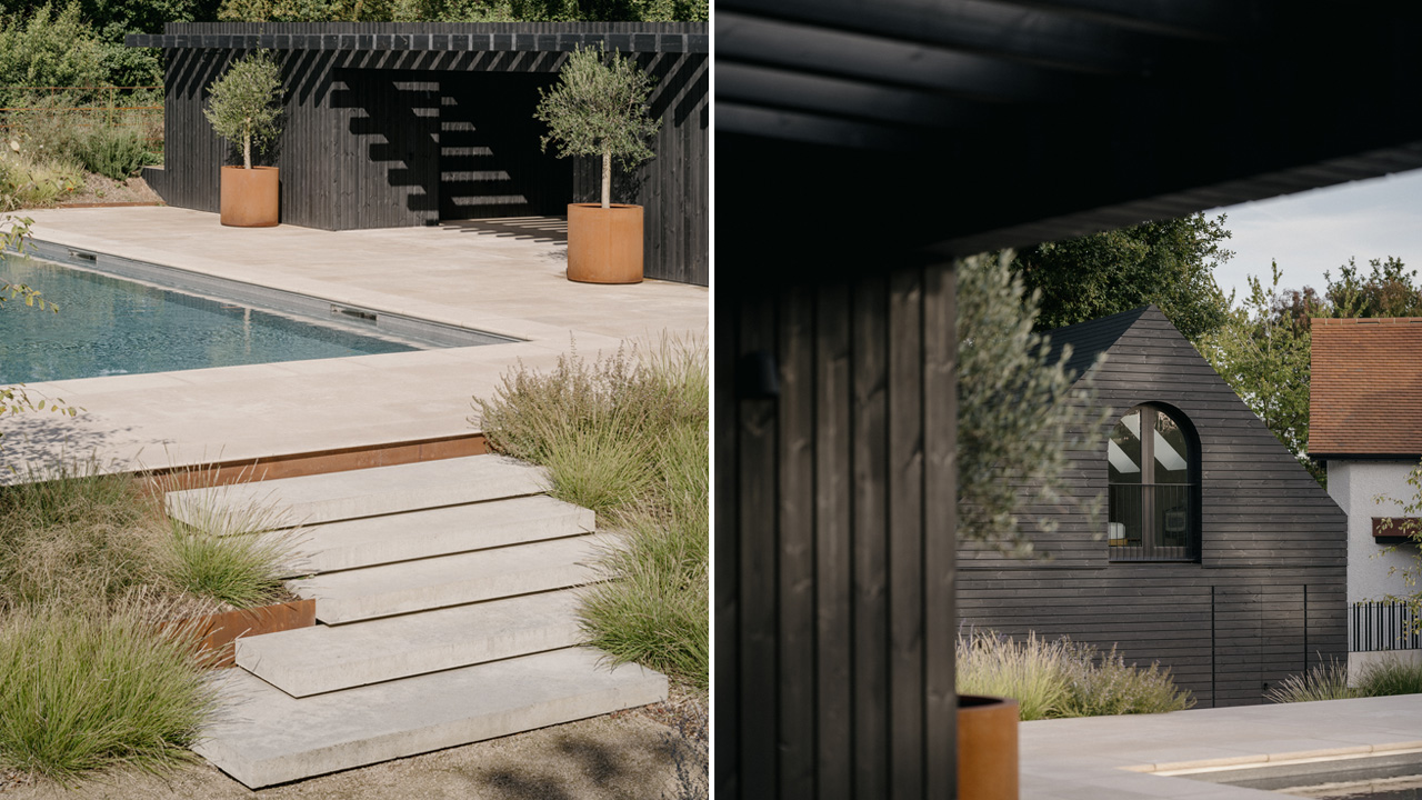 The white concrete steps leads to the pool and the pool house