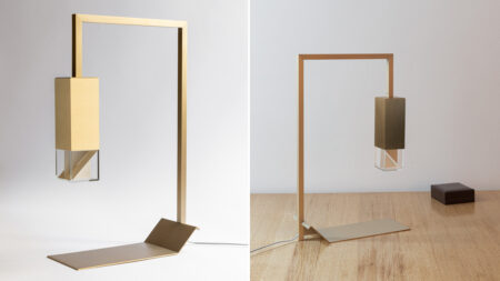 Lamp/Two Brass With Suspended Diffuser Features a Minimal, Industrial-Inspired Silhouette Lamp/two brass